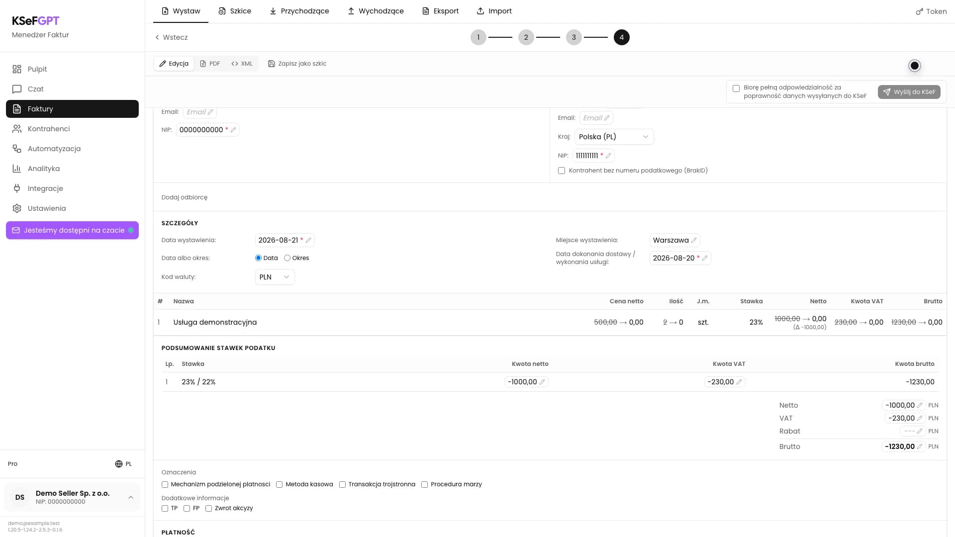 Podgląd korekty do zera z wartościami 1000,00 i 0,00 netto oraz pełnymi ujemnymi różnicami