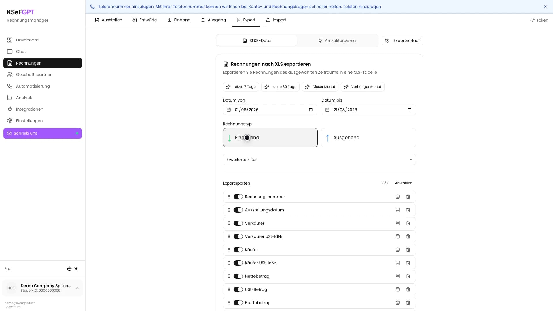 Exportformular mit Zeitraum und eingehenden Rechnungen