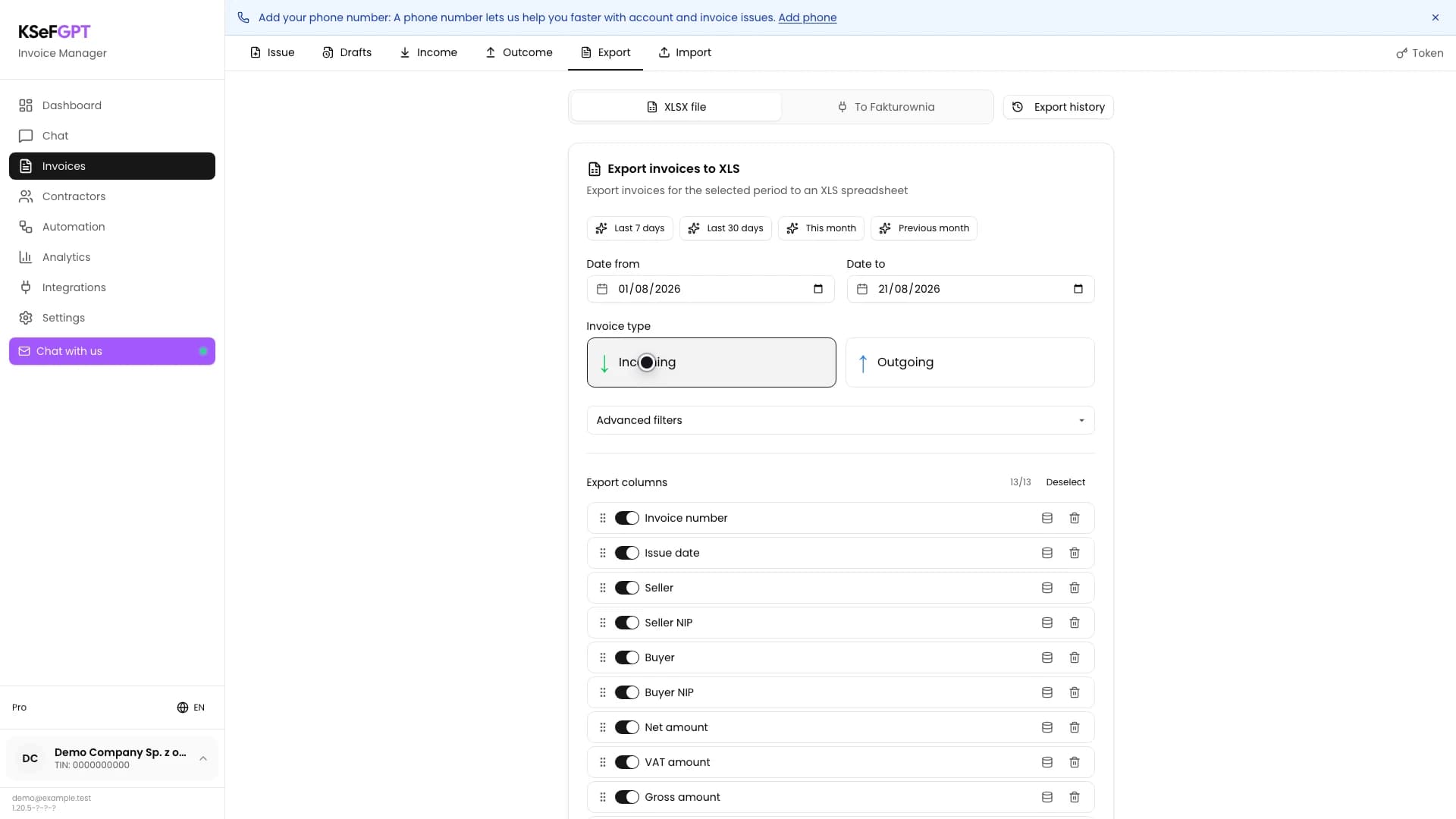 Export form with a date range and incoming invoices selected