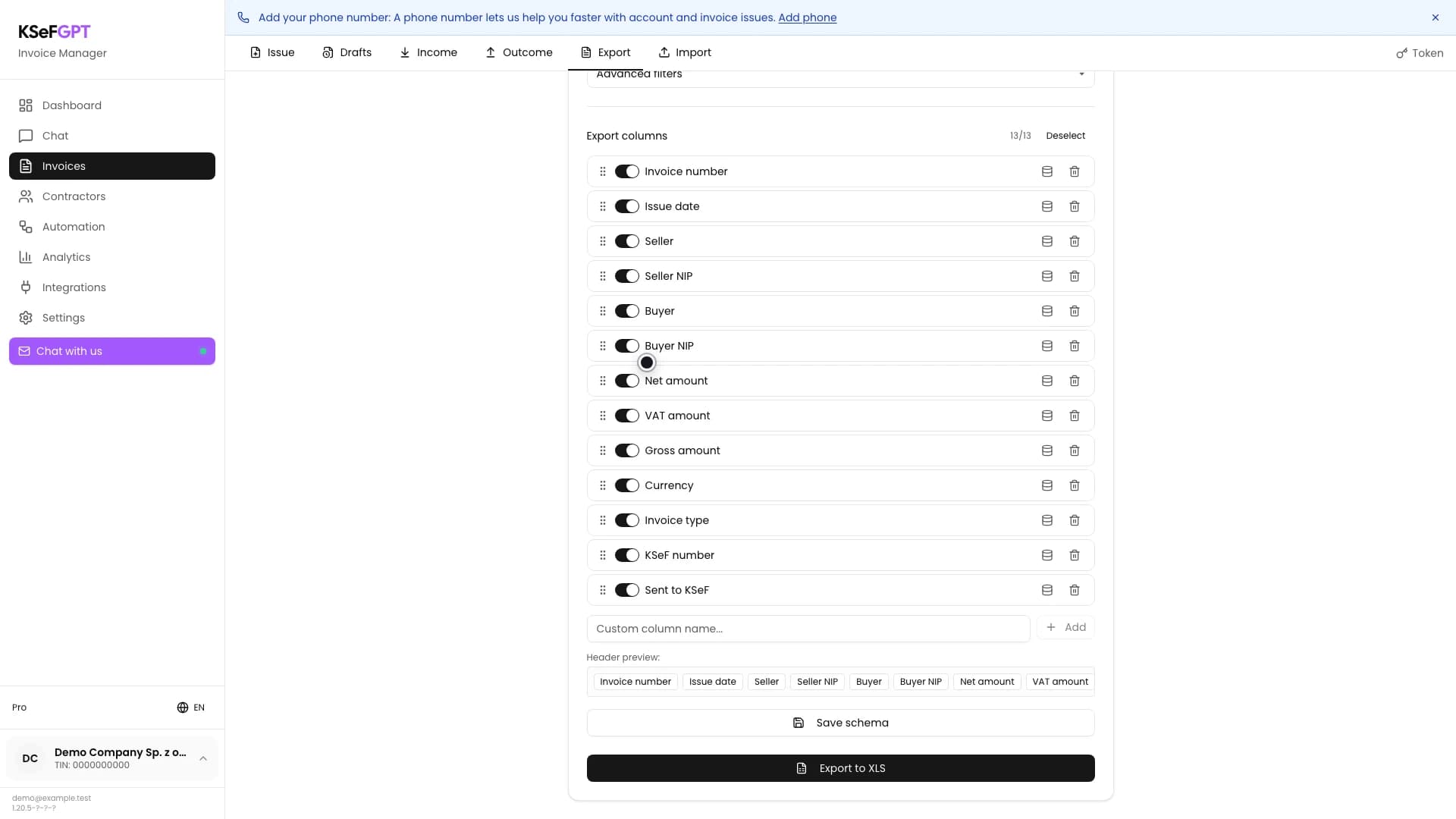 Export columns and the Export to XLS button