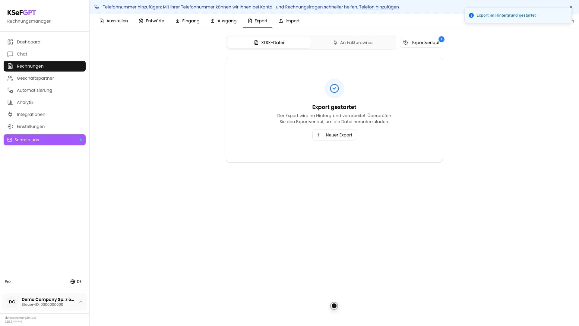 Bildschirm Export gestartet mit Hinweis zur Hintergrundverarbeitung