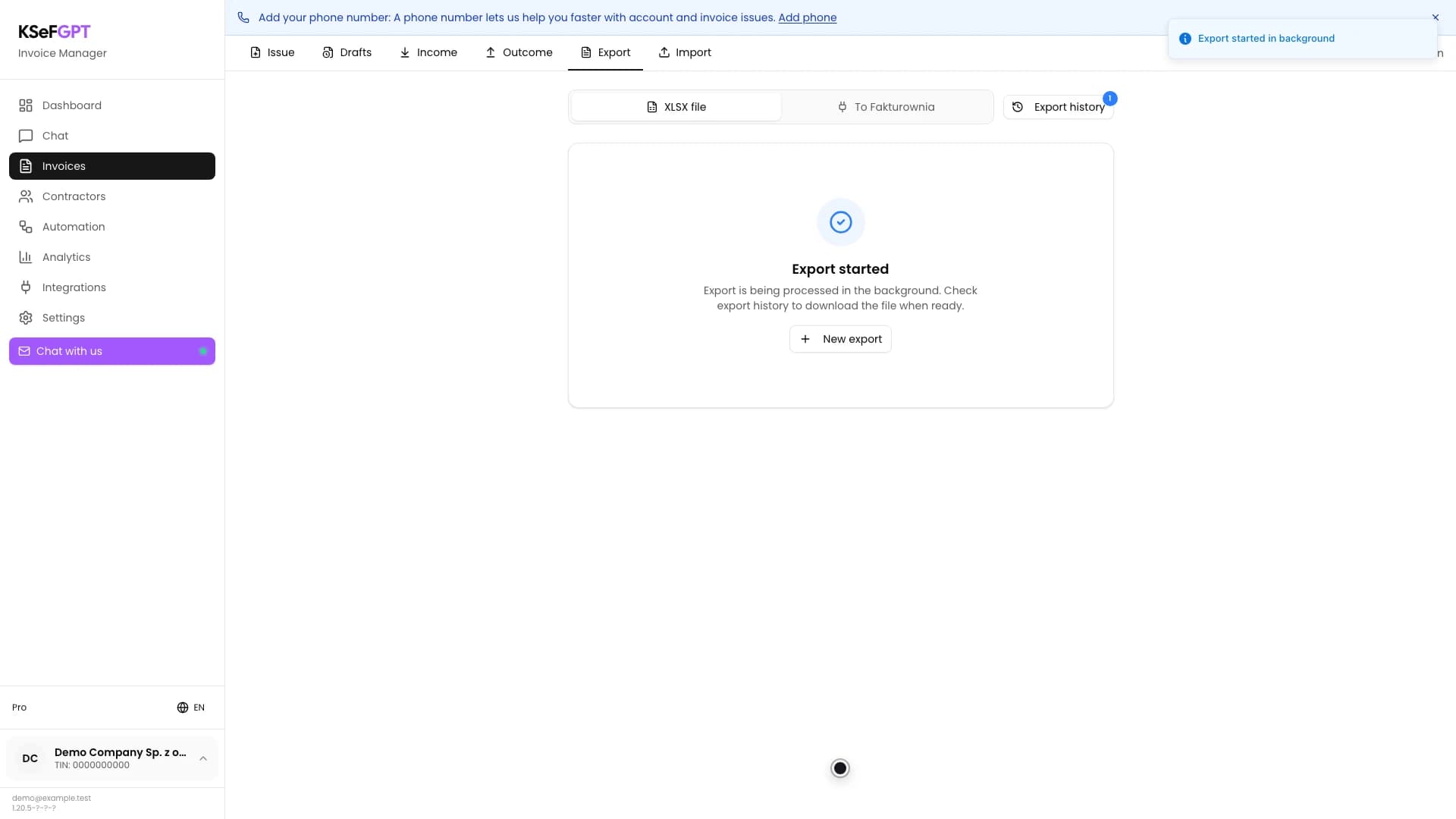 Export started screen with background processing information