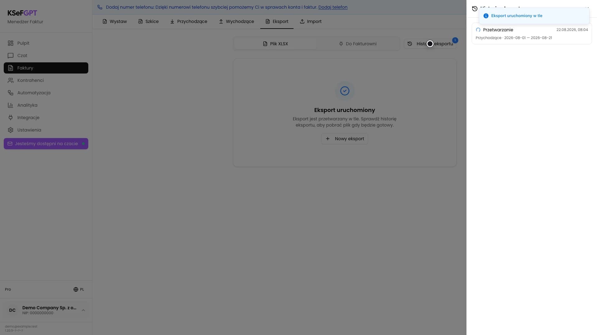 Historia eksportu z zadaniem faktur przychodzących w statusie Przetwarzanie