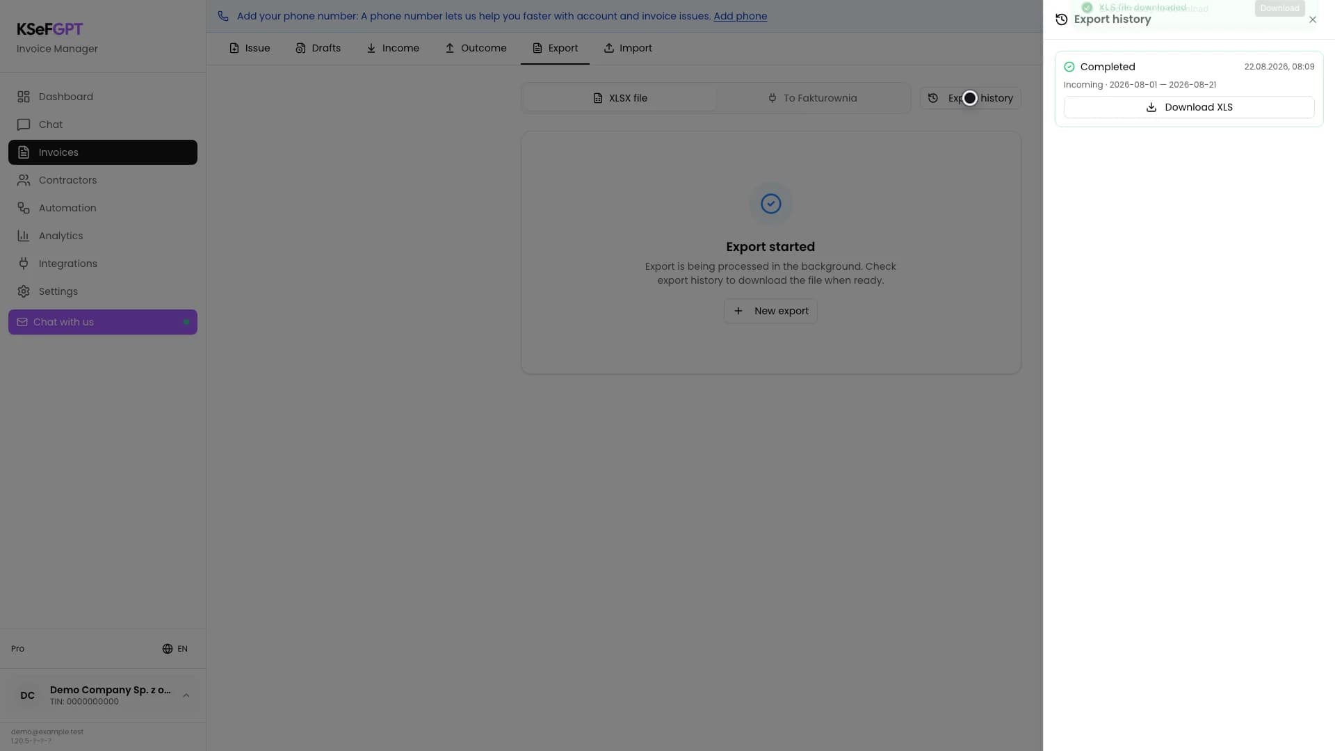 Completed export in history with the Download XLS button