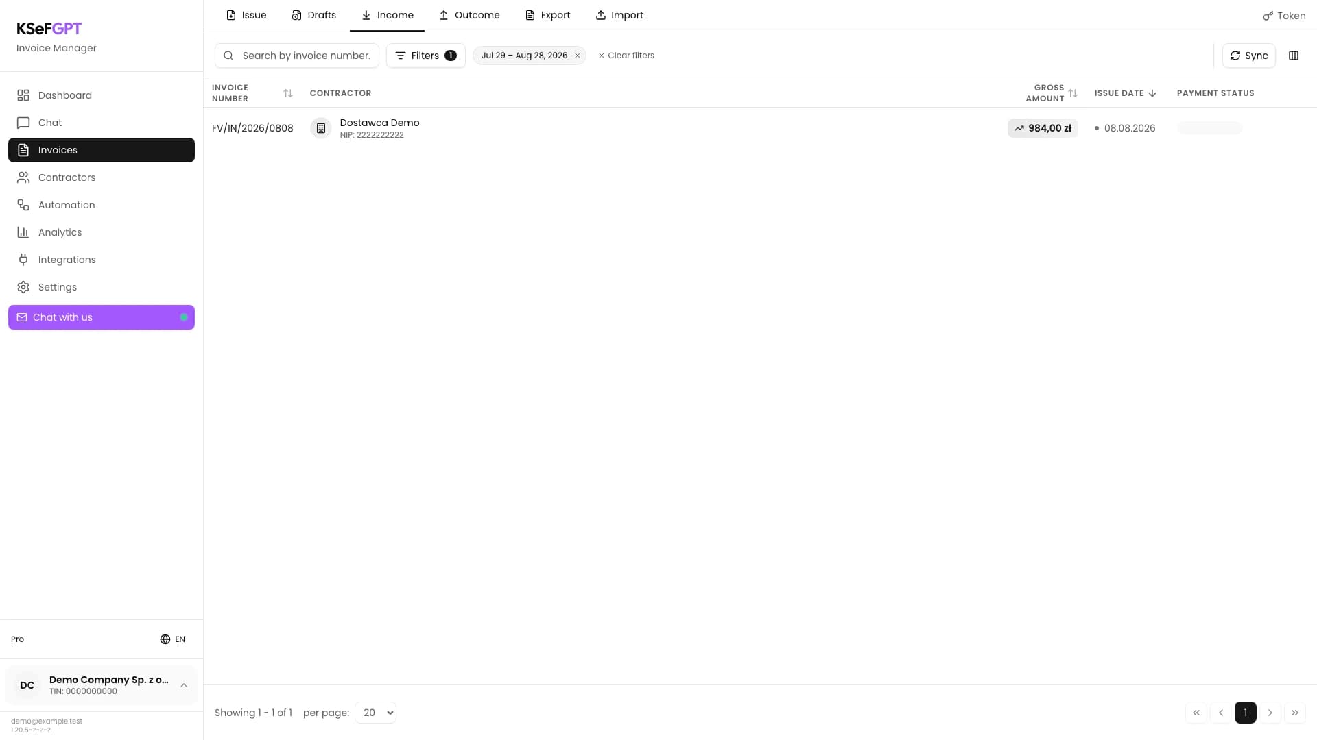 Incoming tab in KSeFGPT with the selected company, Token method and invoice list