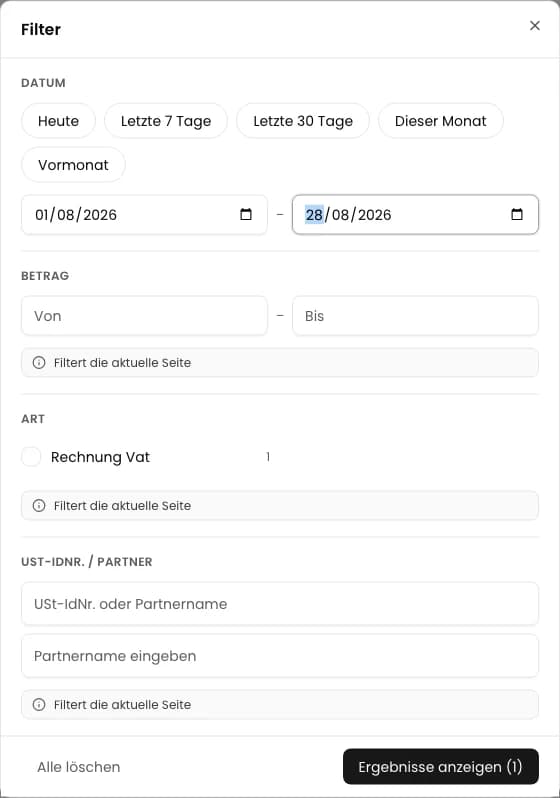 Filterdialog für Eingangsrechnungen mit einem Zeitraum vom 1. bis 28. August 2026