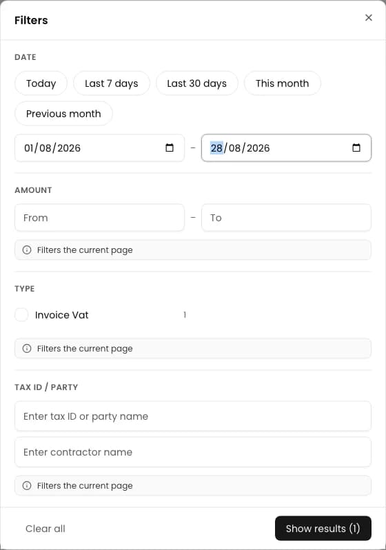 Filters dialog for incoming invoices with a range from August 1 to August 28, 2026