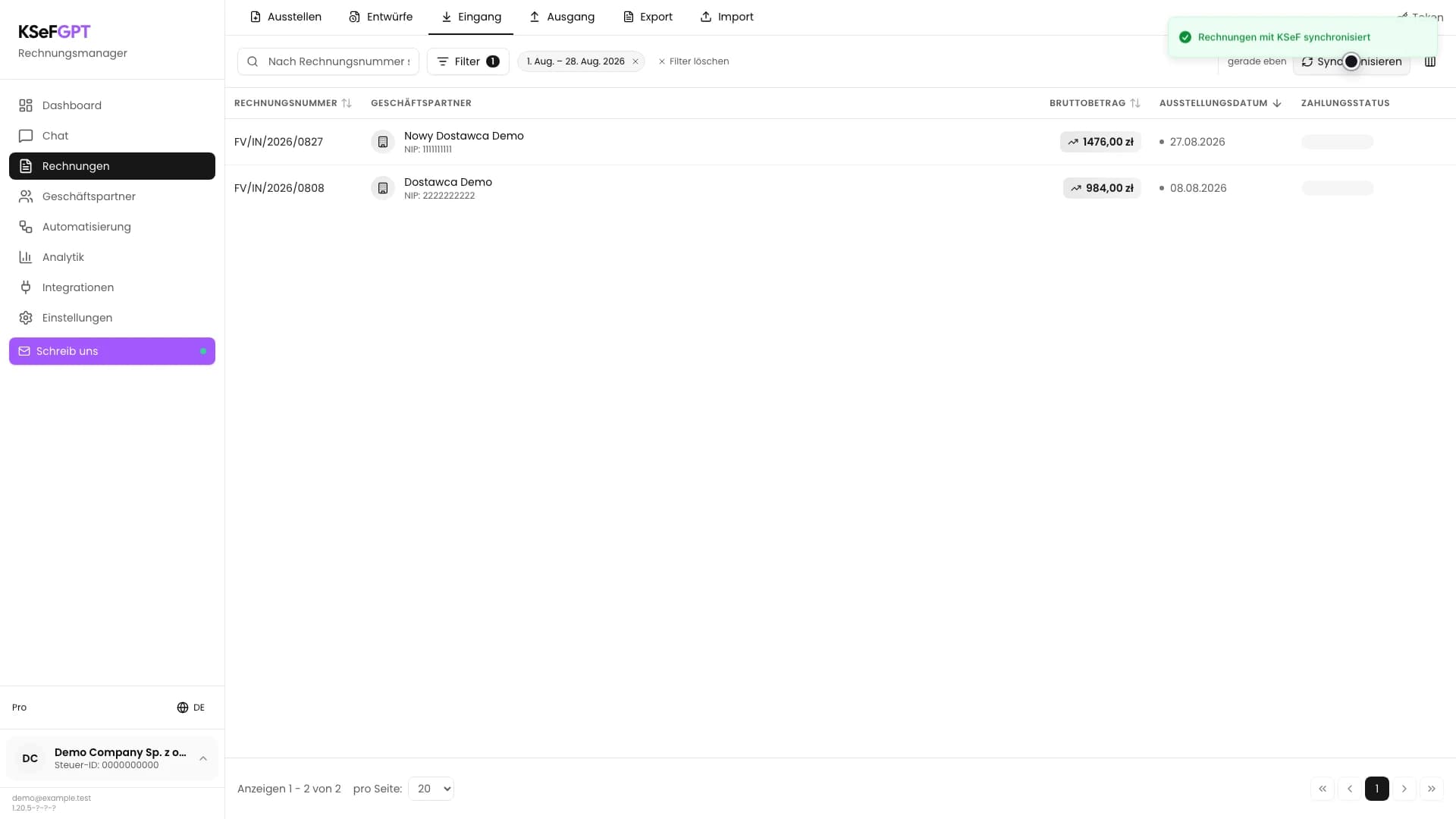 Aktualisierte Liste Eingang mit neuer Rechnung und Bestätigung der KSeF-Synchronisierung