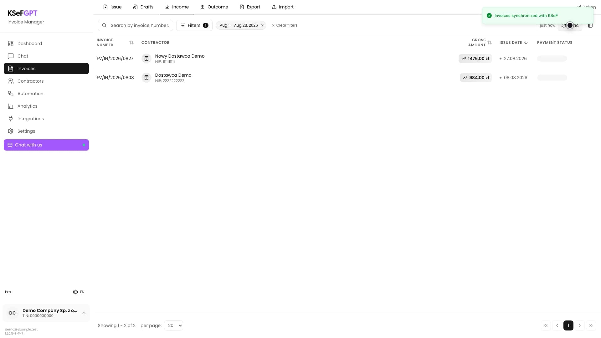 Refreshed Incoming list with a new invoice and KSeF synchronization confirmation