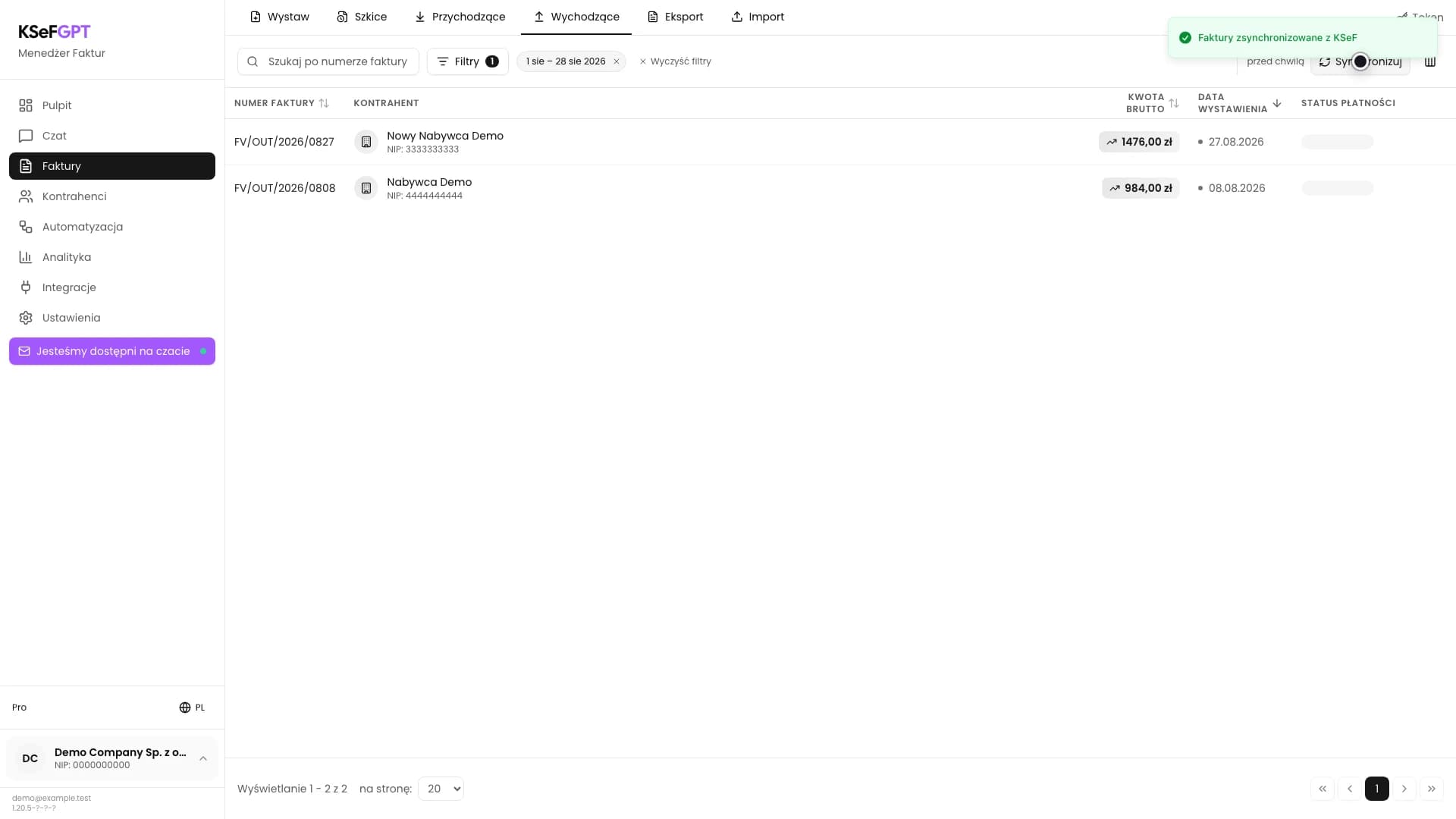 Odświeżona lista Wychodzące z nową fakturą i potwierdzeniem synchronizacji z KSeF