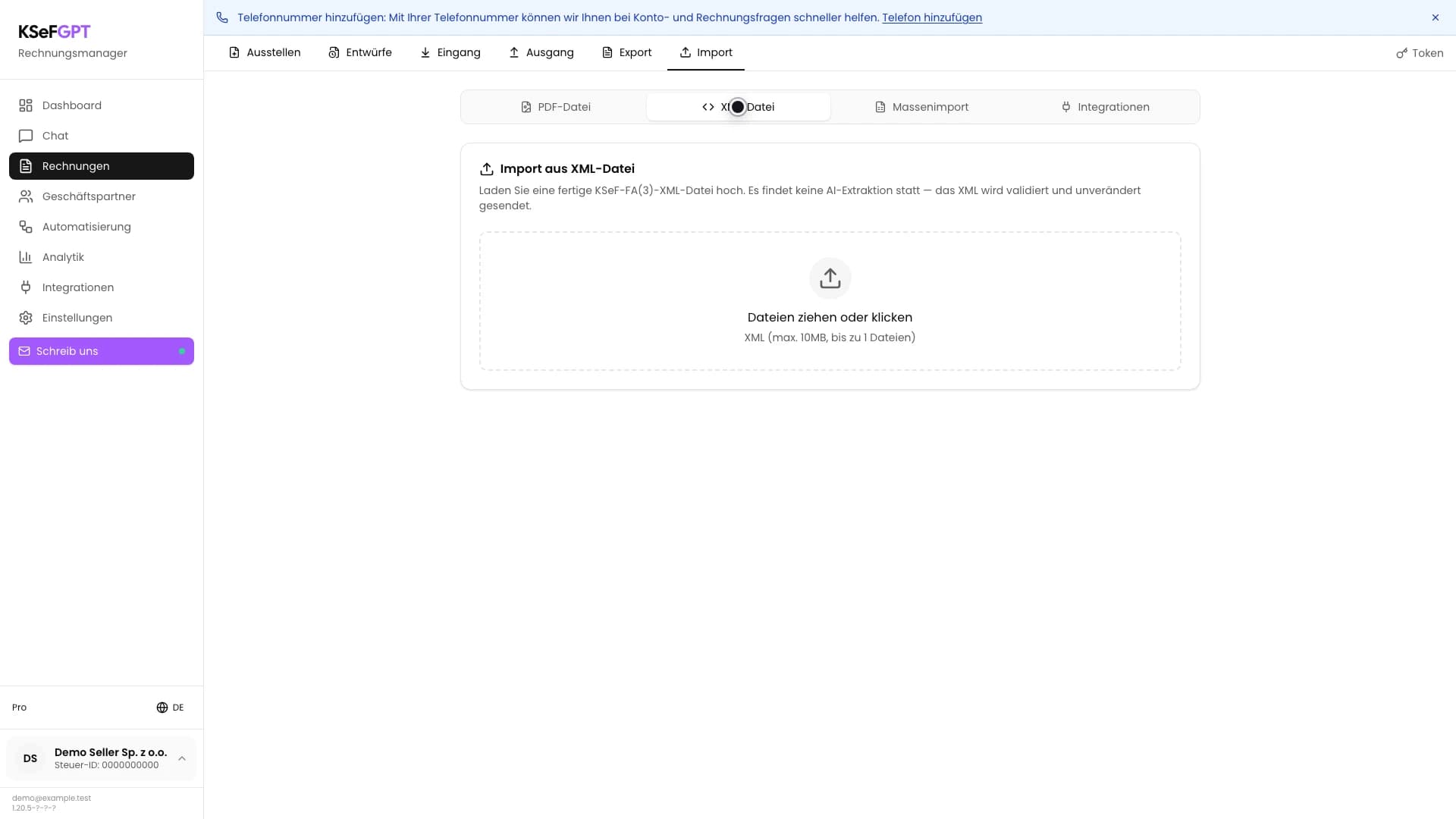 Registerkarte Import in Rechnungen mit ausgewählter XML-Datei und Uploadbereich