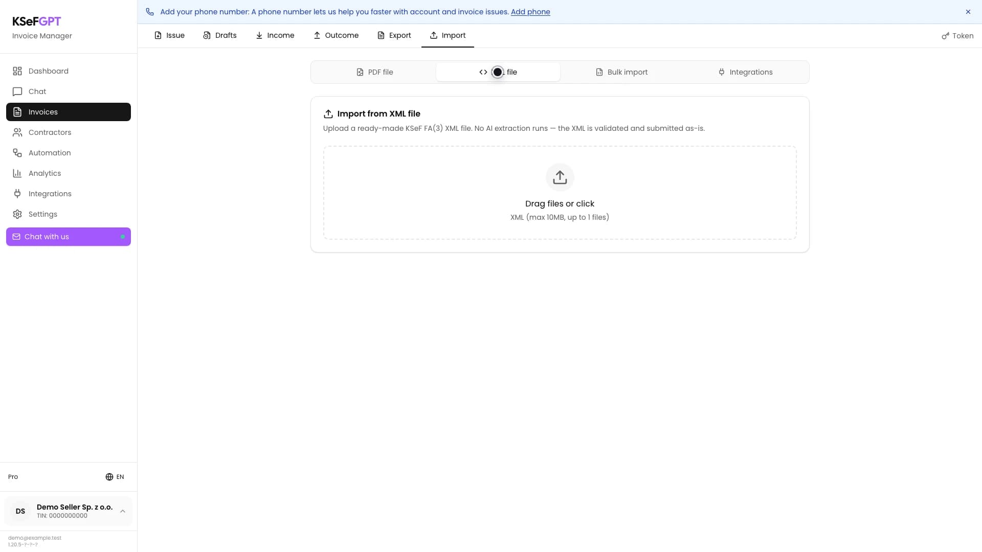 Import tab in Invoices with XML file selected and the upload area visible