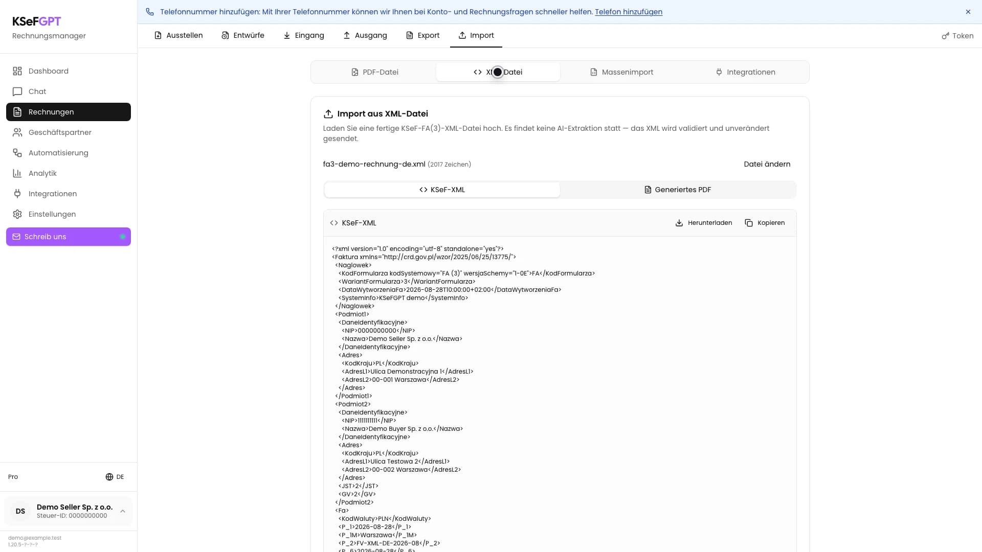 XML-Rechnungsimport in KSeFGPT mit Dateiname und geöffneter Registerkarte KSeF-XML