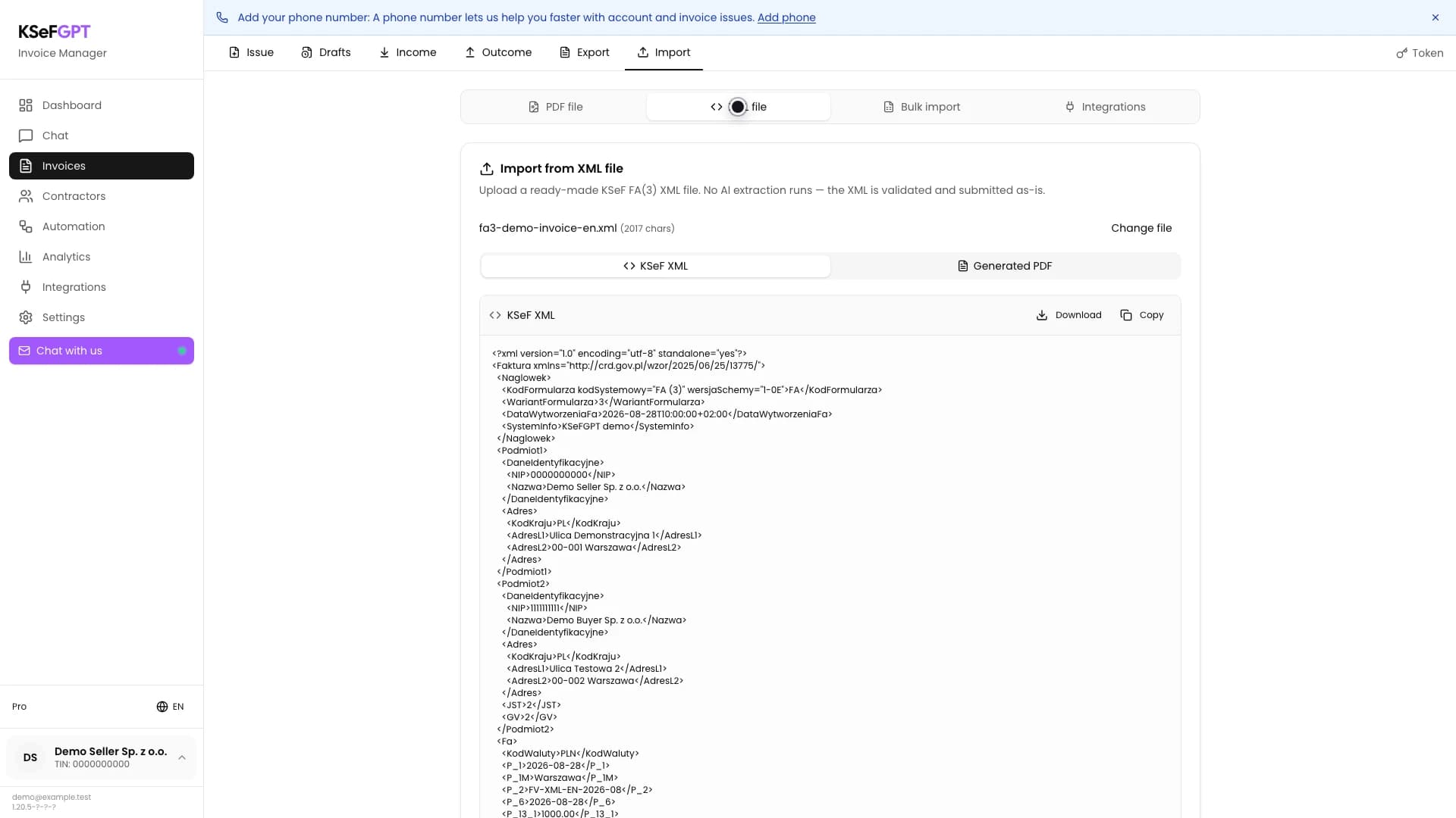 XML invoice import in KSeFGPT with the filename and KSeF XML tab