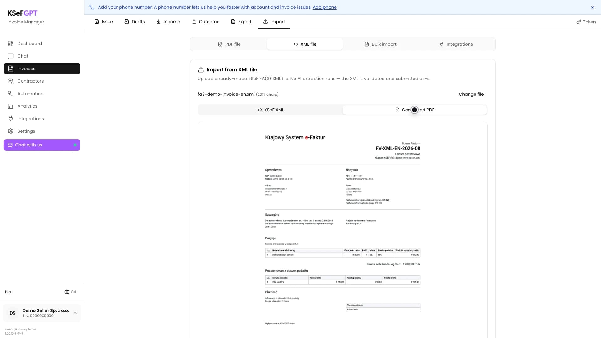 Generated PDF preview of the imported XML invoice with party details and totals