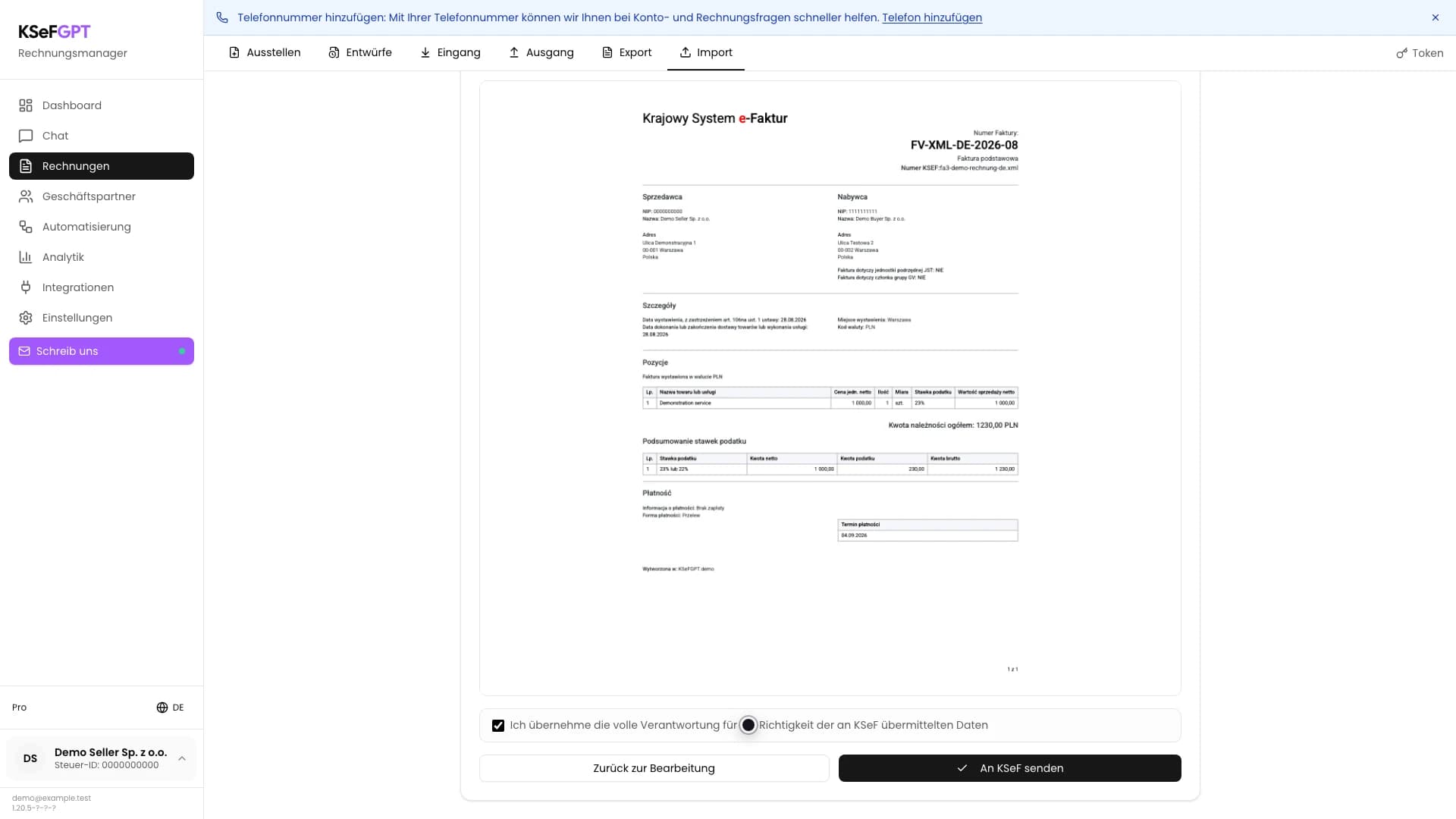 XML-Importvorschau mit bestätigter Verantwortung und aktivem Button An KSeF senden