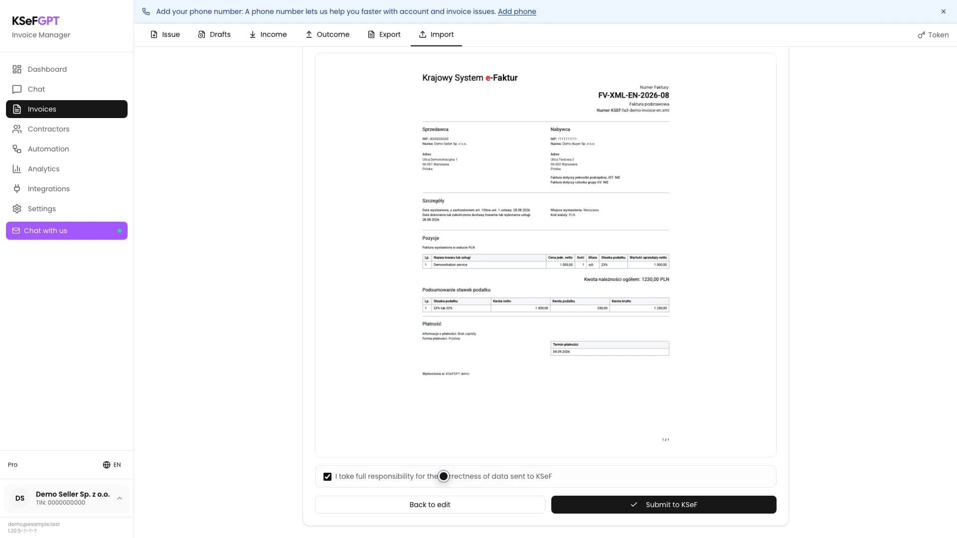 XML import preview with responsibility confirmed and Submit to KSeF enabled