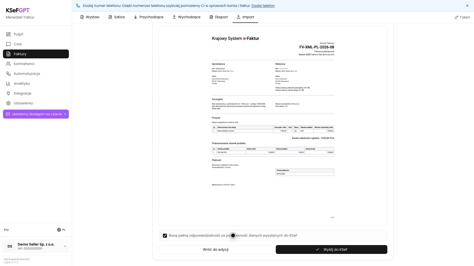 Podgląd importu XML z zaznaczonym potwierdzeniem odpowiedzialności i aktywnym przyciskiem Wyślij do KSeF