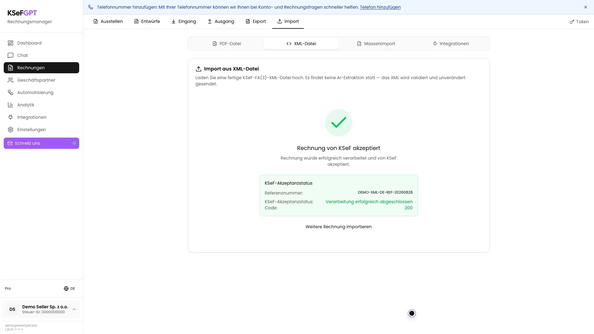 Abschlussbildschirm des XML-Imports mit KSeF-Annahme, Referenznummer und Code 200