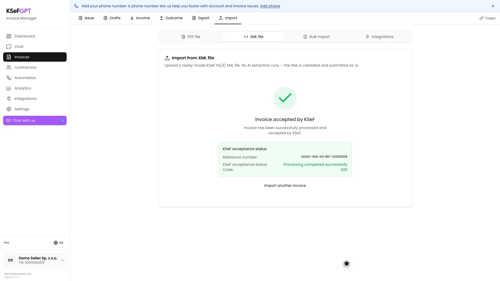 Final XML import screen with KSeF acceptance, a reference number and code 200