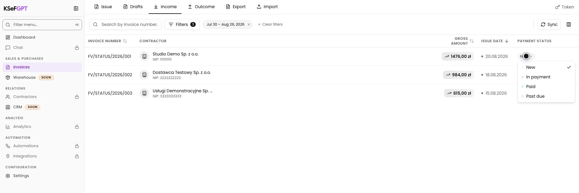 Invoice payment status menu with four choices and New selected