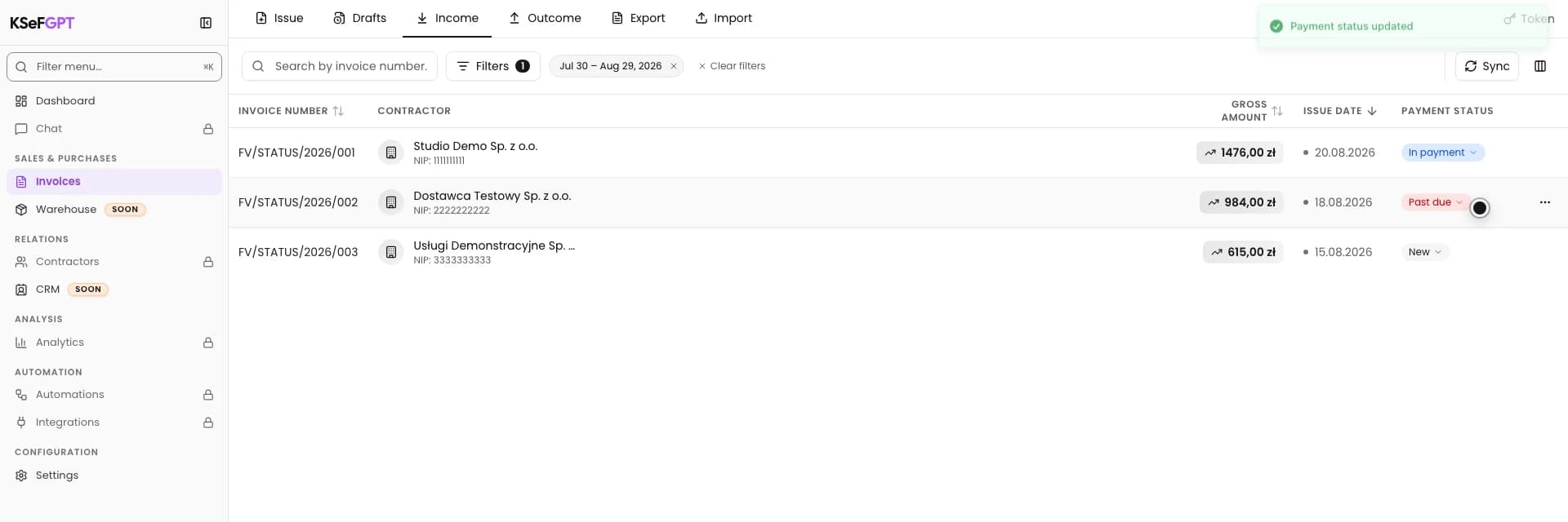 Invoice row in KSeFGPT with the In payment label and update confirmation