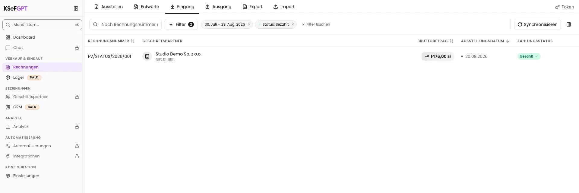 Gefilterte Rechnungsliste mit einem bezahlten Dokument und aktivem Filter