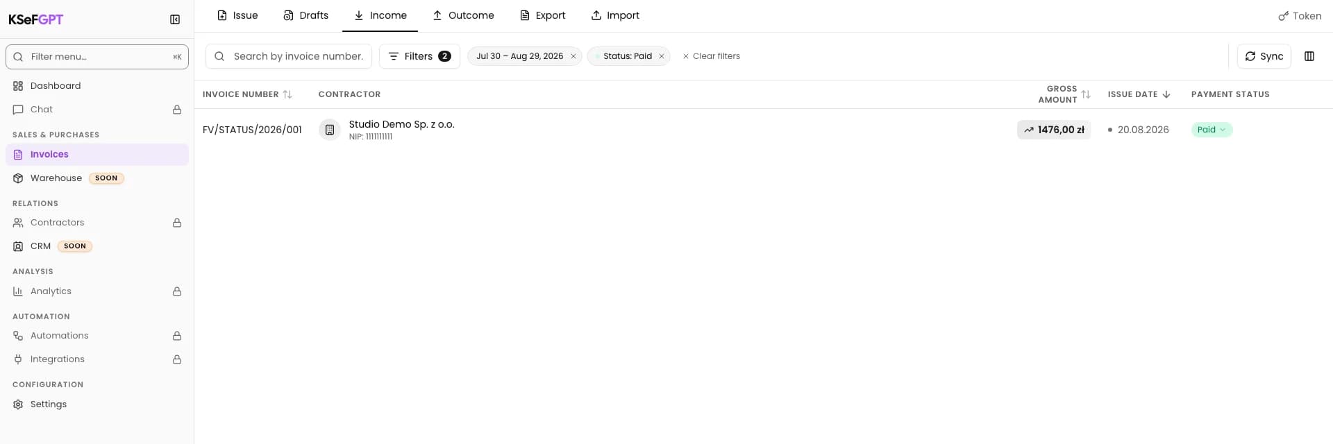 Filtered invoice list with one Paid document and an active filter