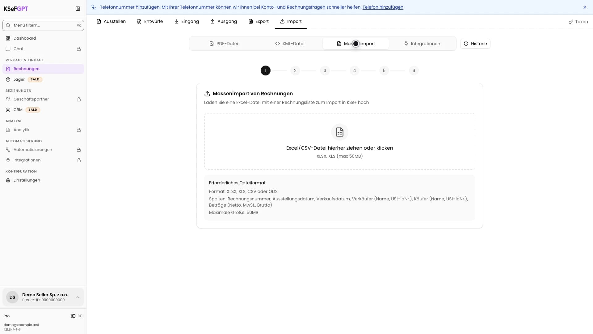 Bereich für den Massenimport von Rechnungen aus einer Excel- oder CSV-Datei