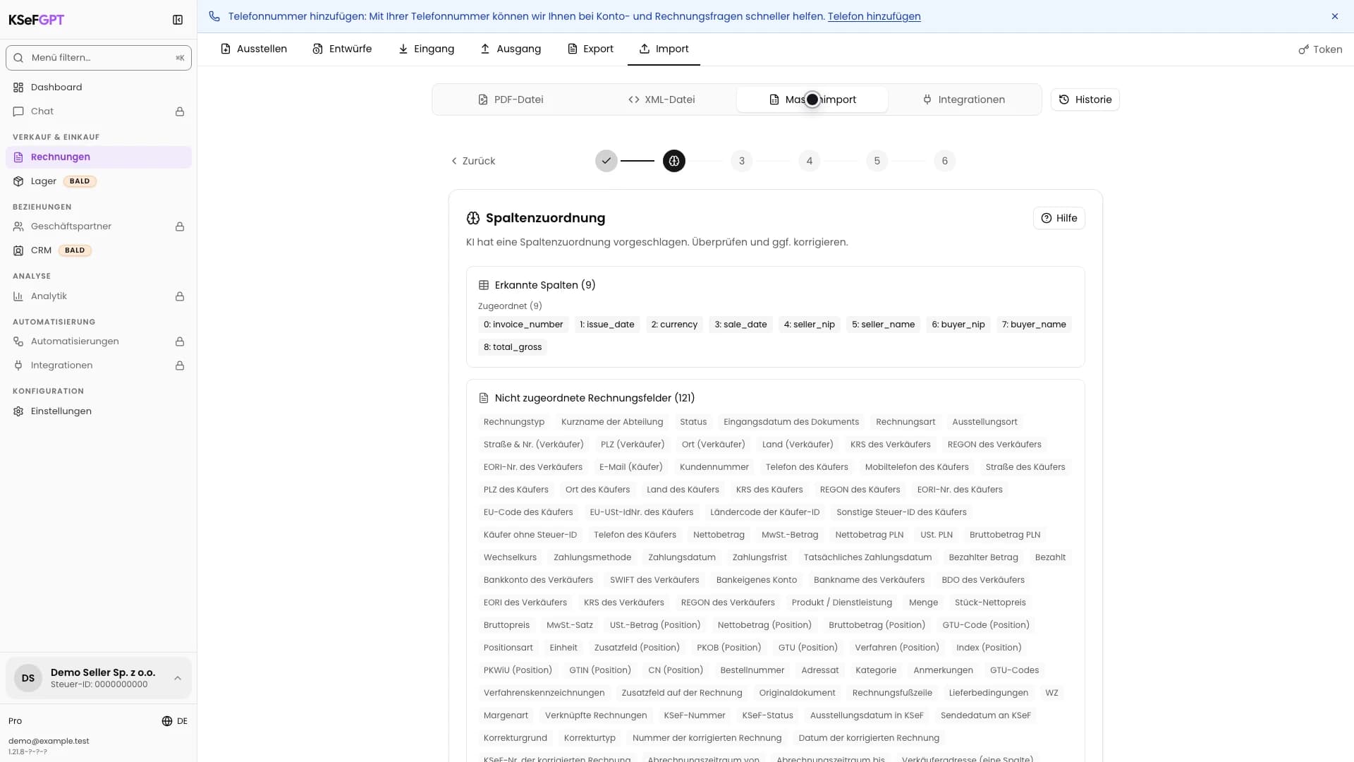 Spaltenzuordnung mit erkannten CSV-Feldern und Rechnungsfeldern