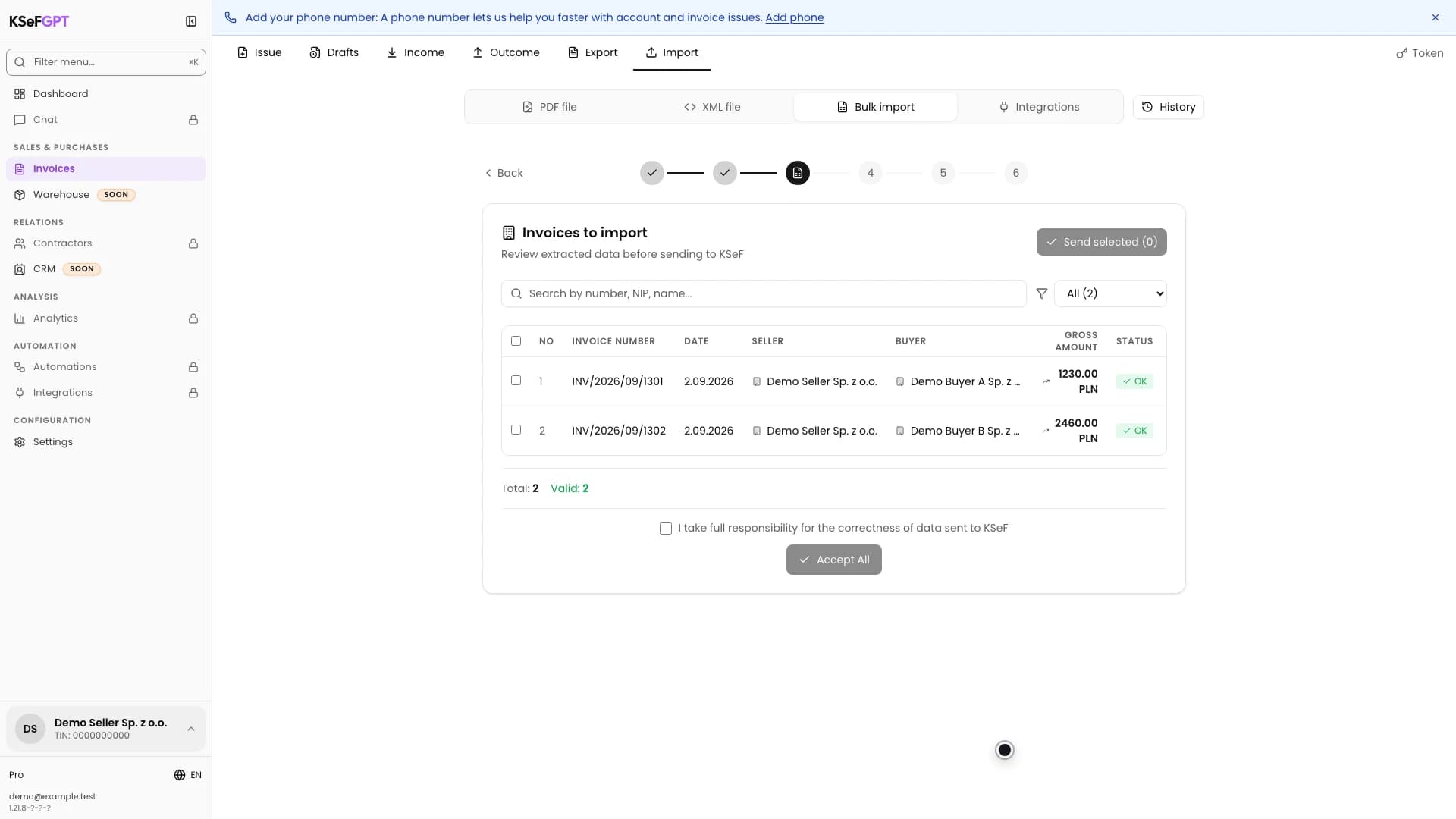 Two invoices prepared from a CSV file with OK statuses