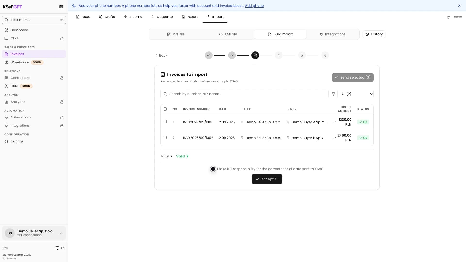 Selected responsibility acknowledgement and active Accept all button