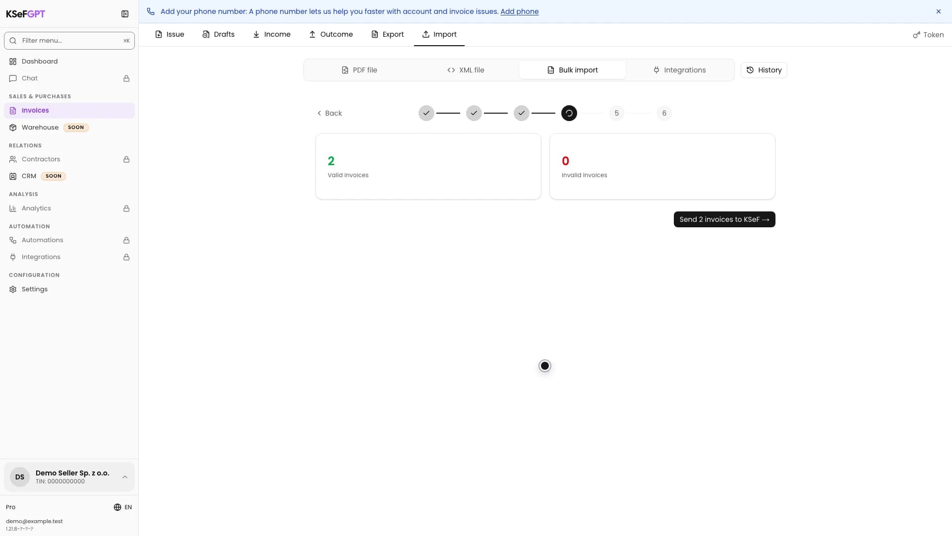 Validation result with two valid invoices and the KSeF submission button