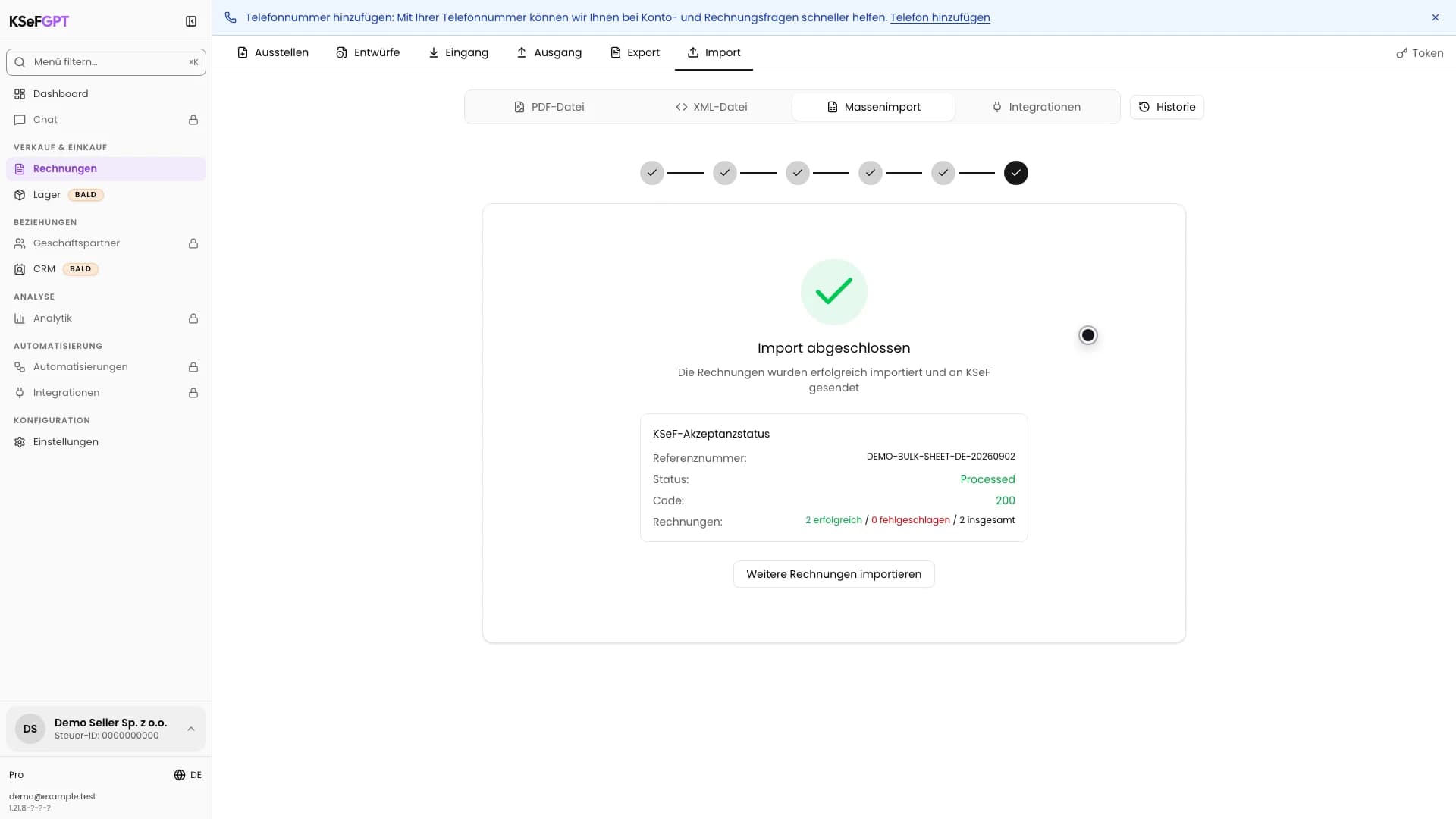 Abgeschlossener Massenimport mit Code 200, Referenznummer und zwei gültigen Rechnungen