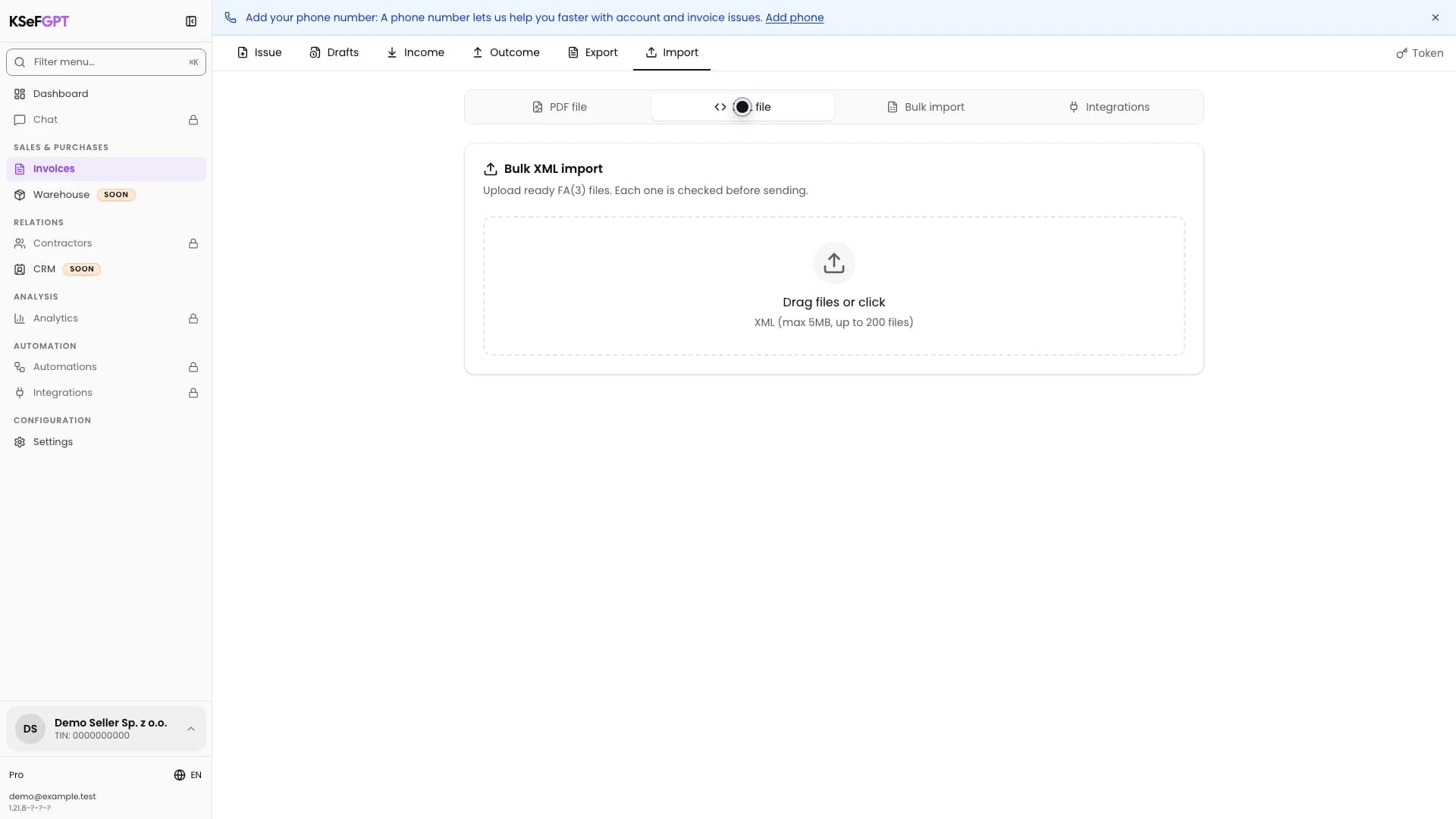 Bulk XML import card in Invoices with a multiple file upload area