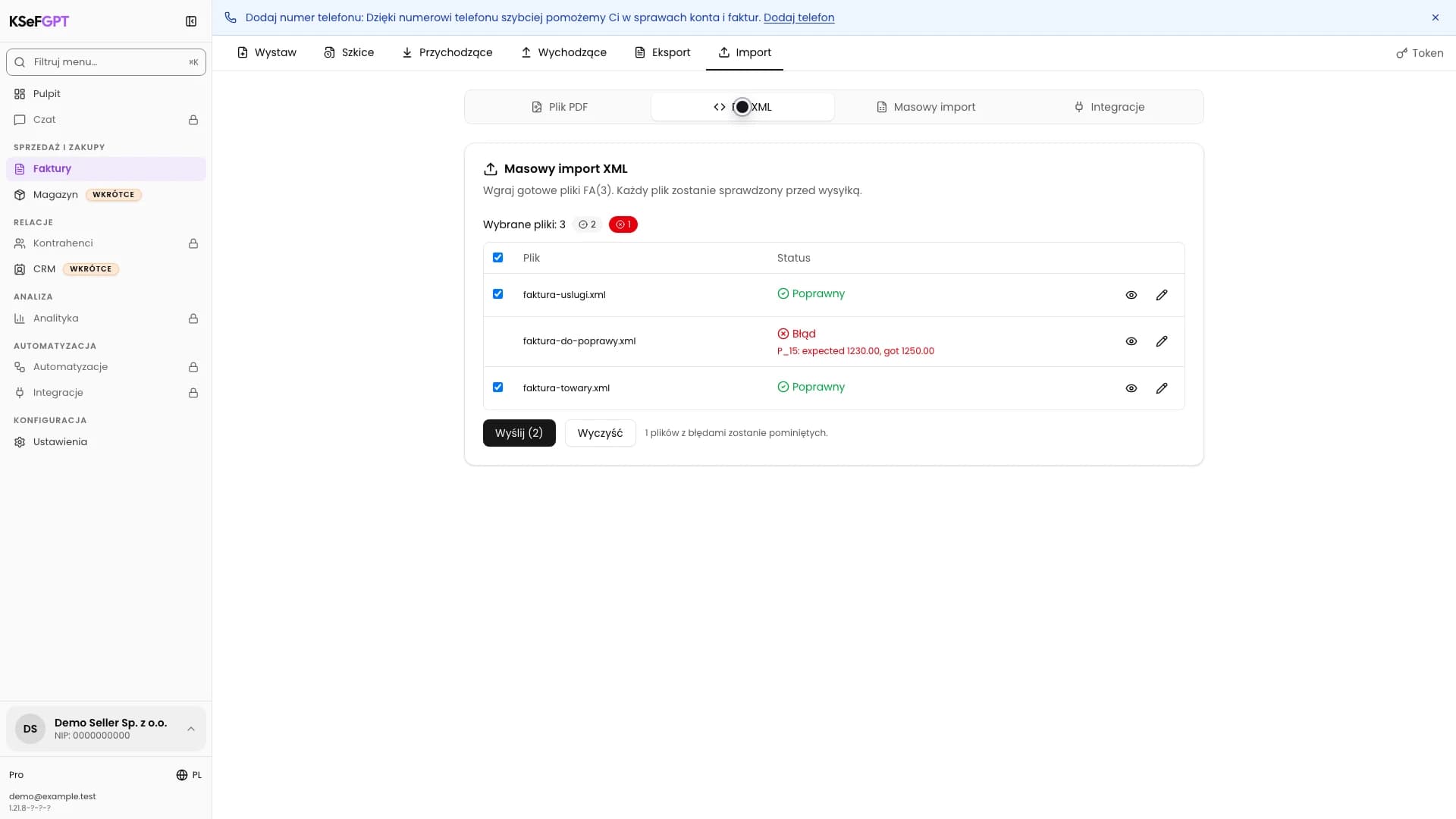 Lista trzech faktur XML z dwoma poprawnymi plikami i jednym błędem P_15