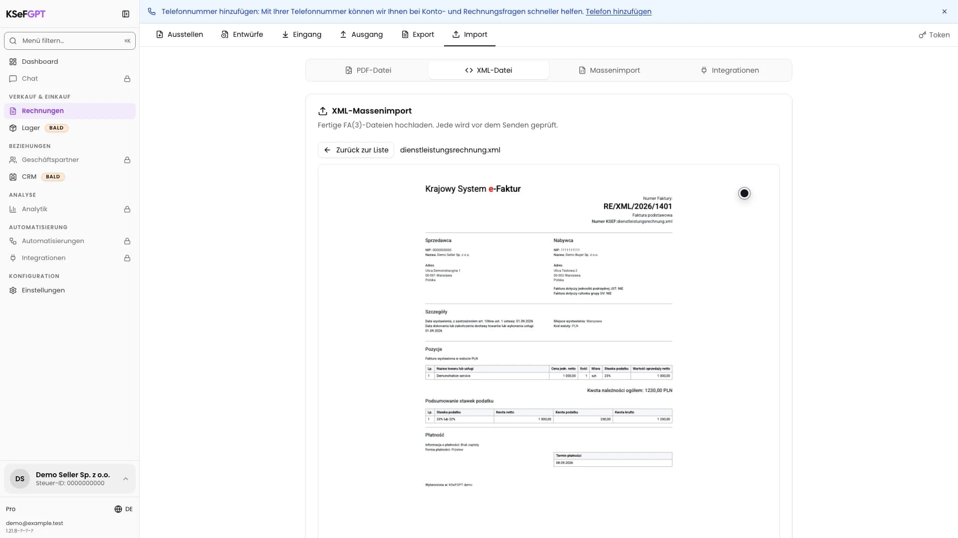 PDF-Vorschau einer Rechnung im XML-Massenimport von KSeFGPT