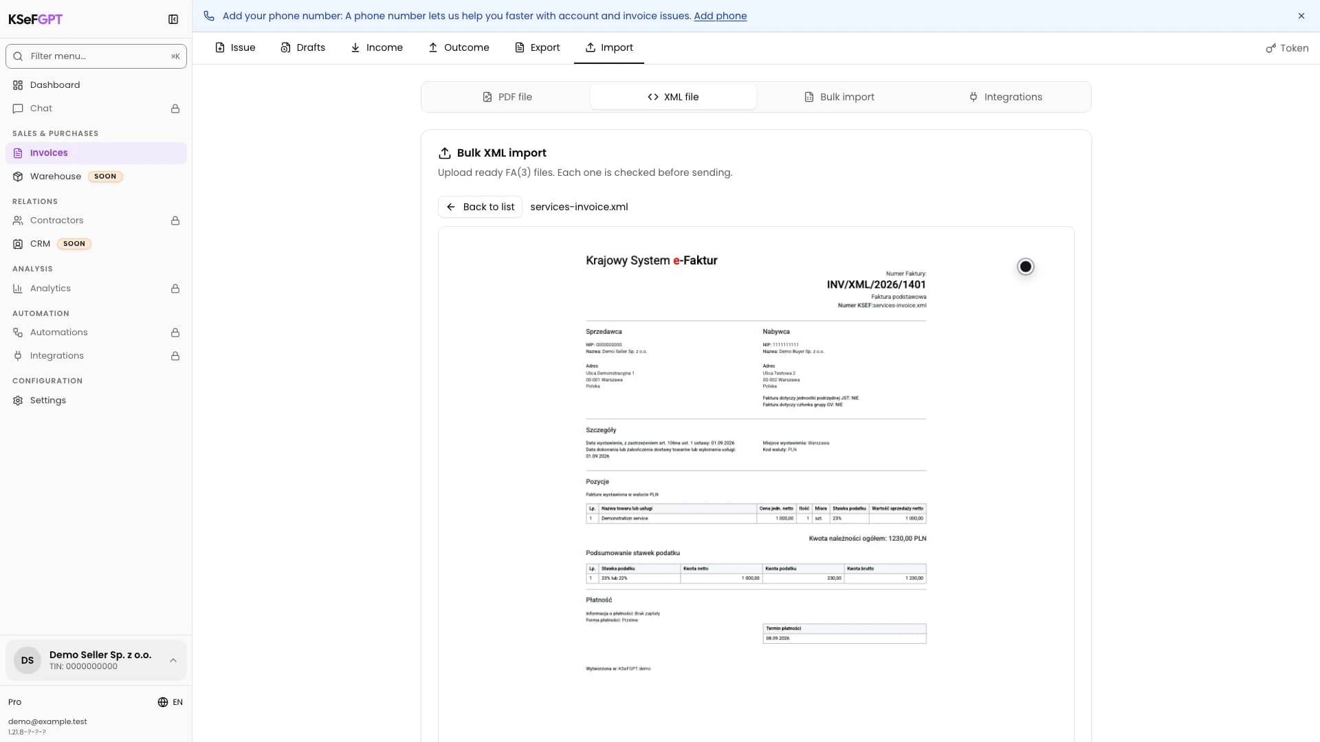 PDF preview of one invoice in the KSeFGPT bulk XML import