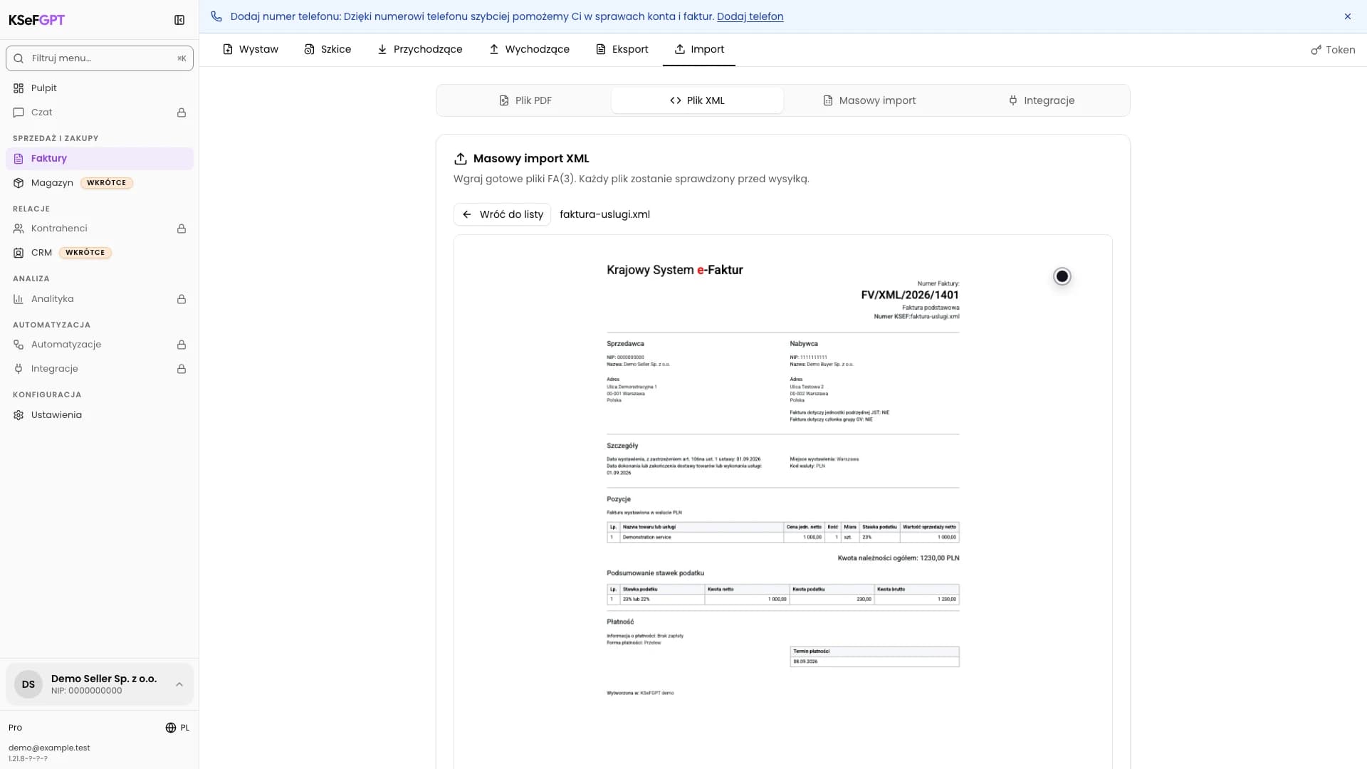 Podgląd PDF jednej faktury w masowym imporcie XML KSeFGPT