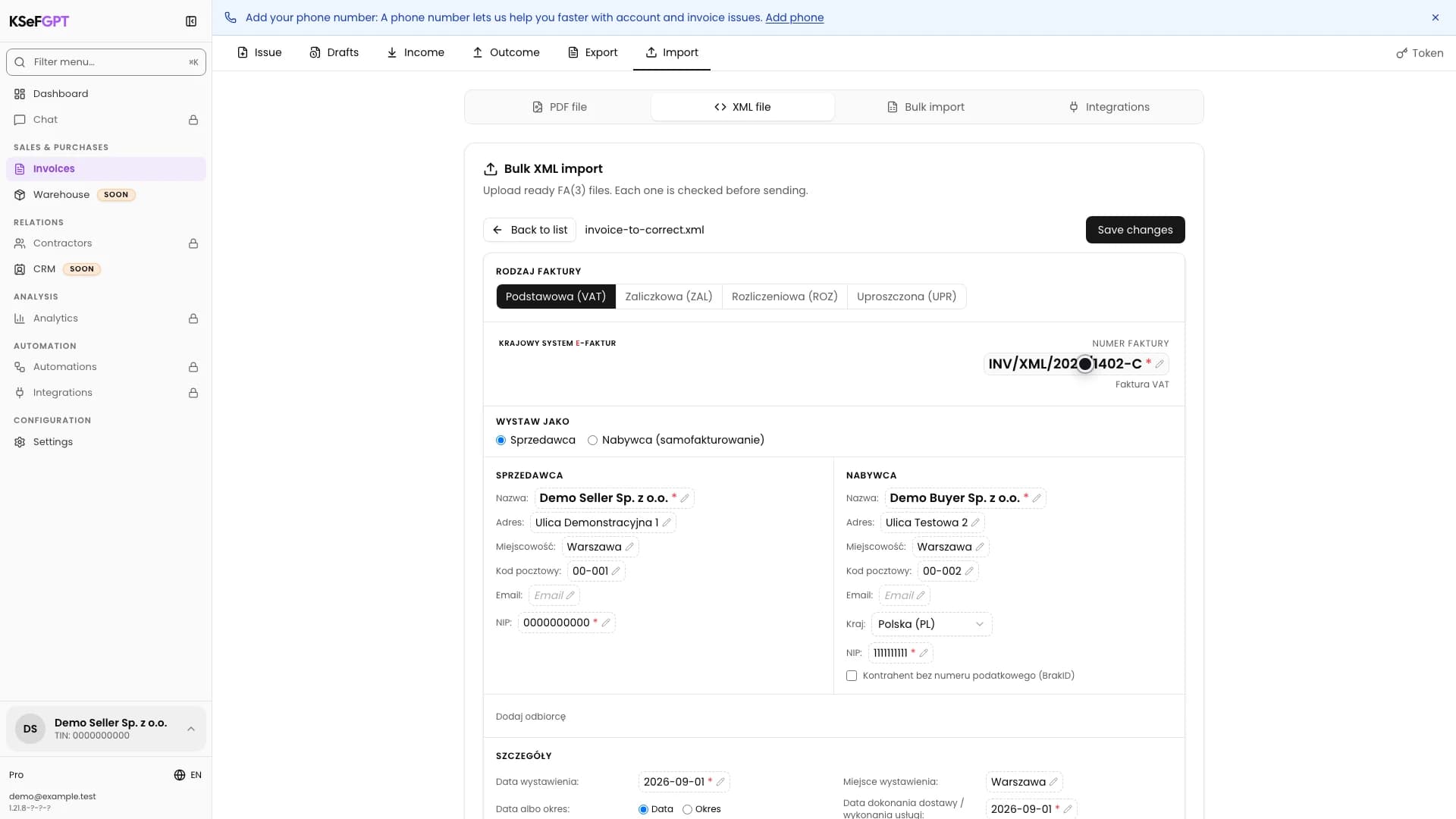 Editable XML invoice form with a corrected document number and Save changes button