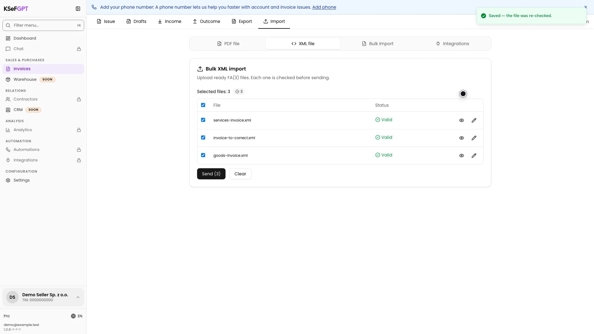 Three valid selected XML invoices with the Send 3 button