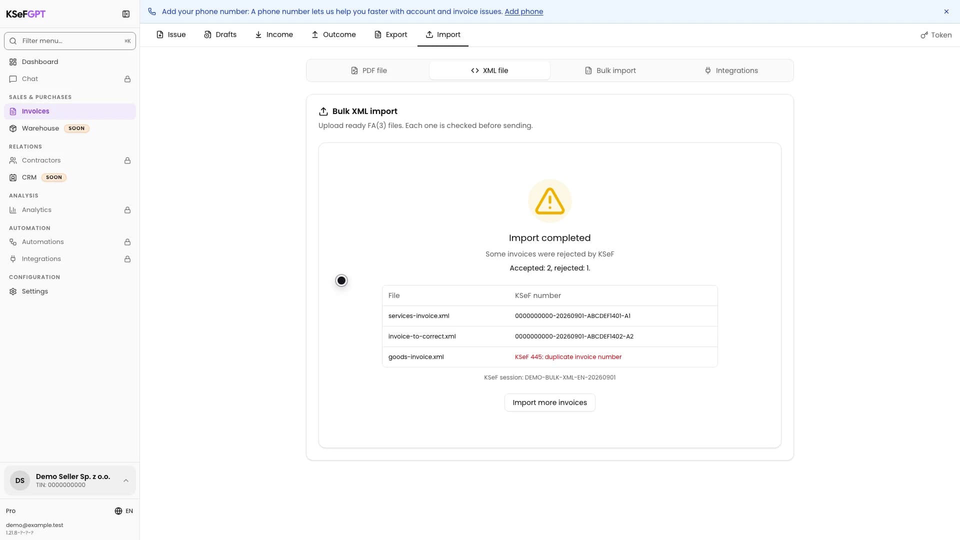 Final bulk XML result with two KSeF numbers and one duplicate rejection
