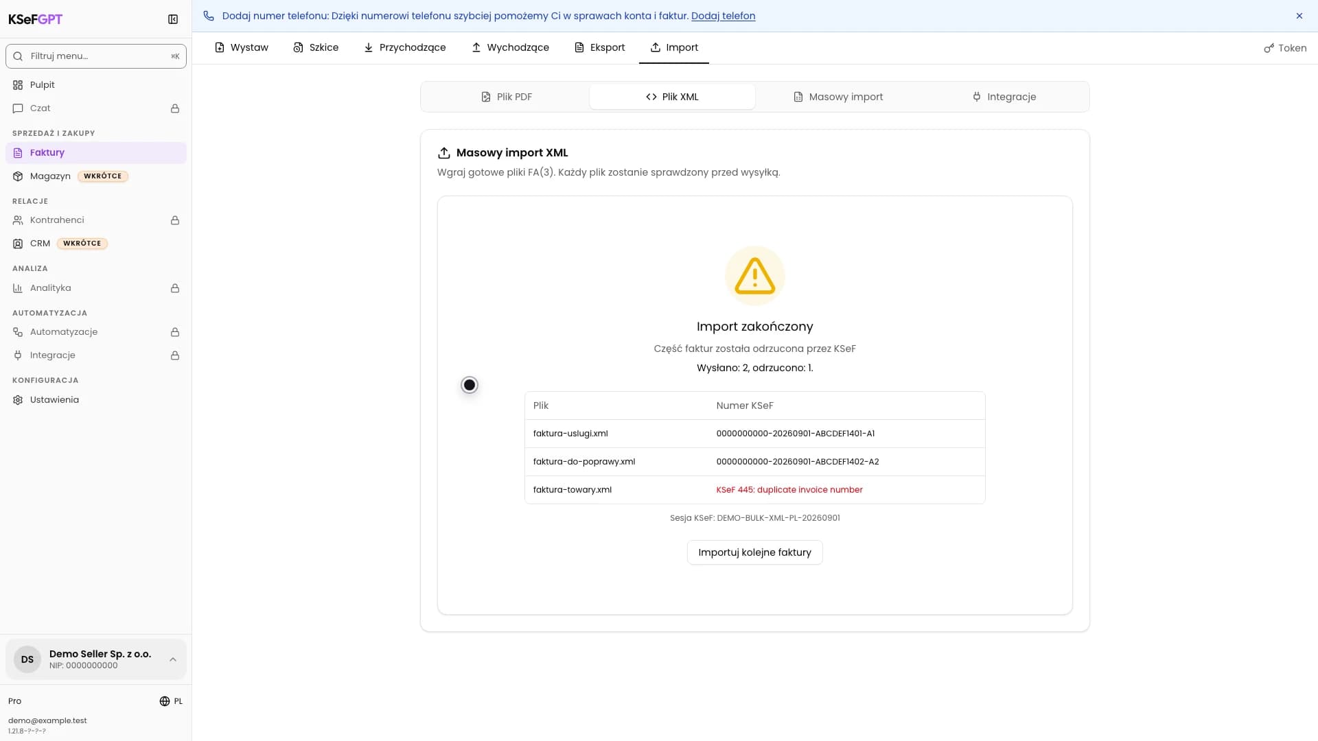 Końcowy wynik masowego importu XML z dwoma numerami KSeF i jednym odrzuceniem duplikatu