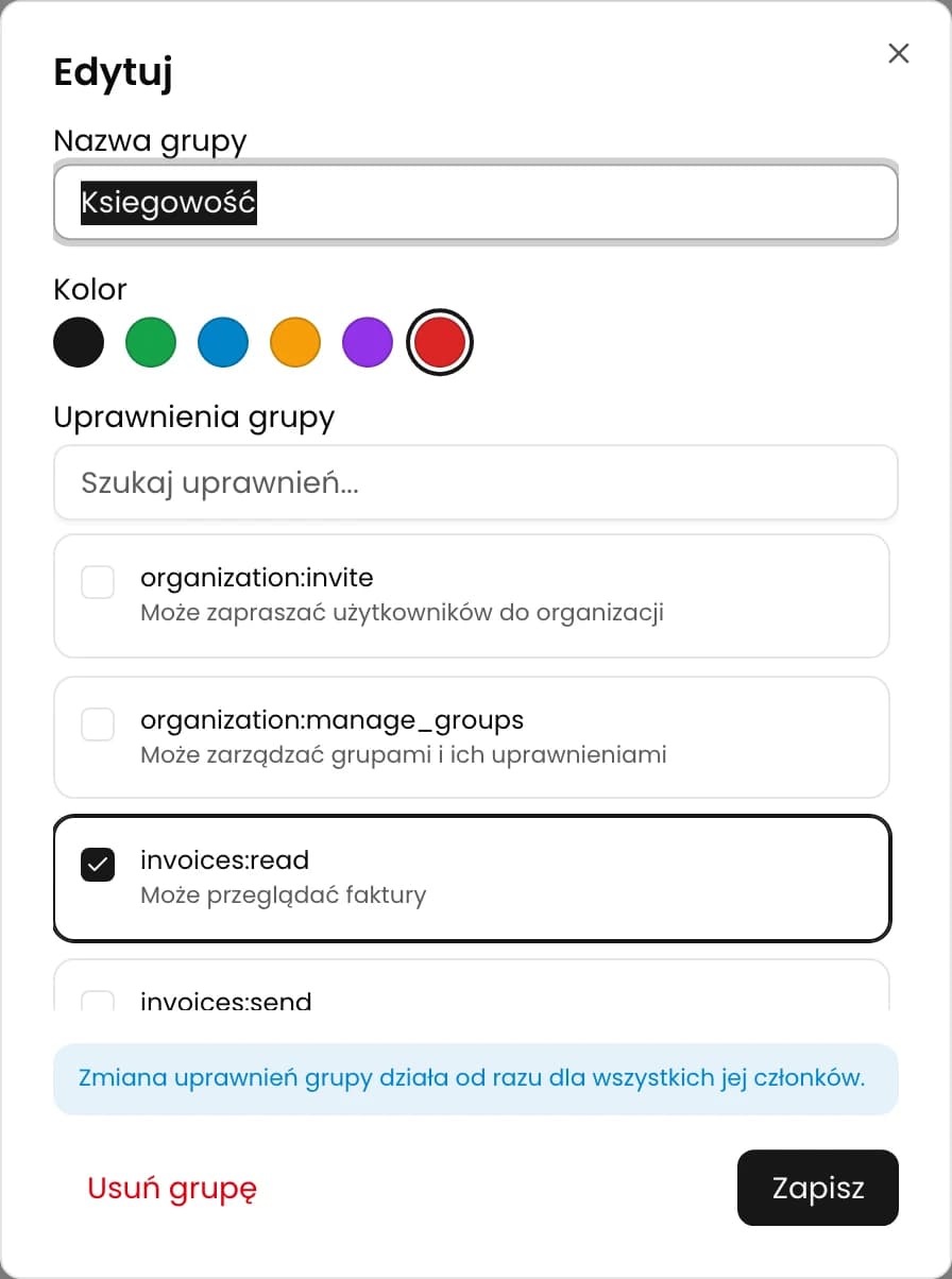 Formularz Edytuj grupę w KSeFGPT z nazwą, kolorem i zaznaczonym uprawnieniem invoices:read