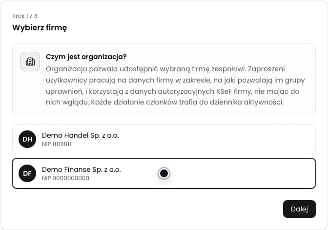 Pierwszy krok kreatora organizacji KSeFGPT z wybraną firmą demonstracyjną i przyciskiem Dalej