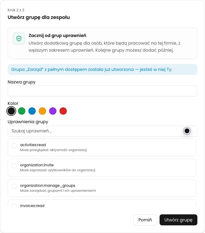 Drugi krok kreatora KSeFGPT z informacją o utworzonej grupie systemowej Zarząd
