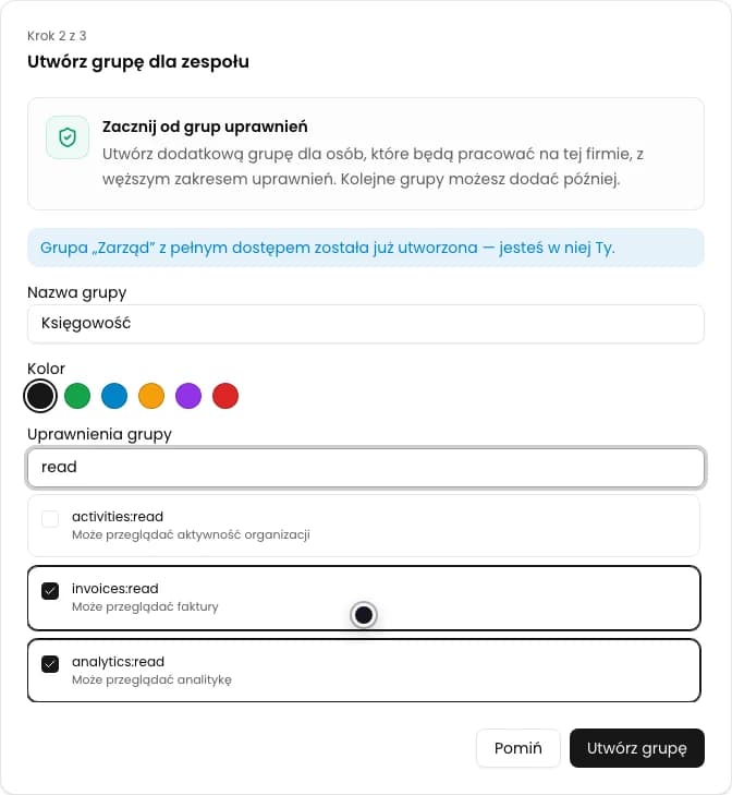 Formularz tworzenia grupy Księgowość z wybranymi uprawnieniami invoices:read i analytics:read