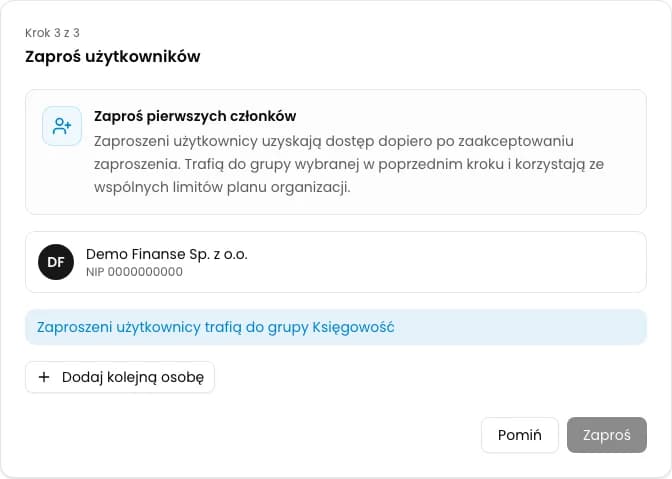 Ostatni krok kreatora organizacji KSeFGPT z informacją o grupie Księgowość i przyciskiem Pomiń