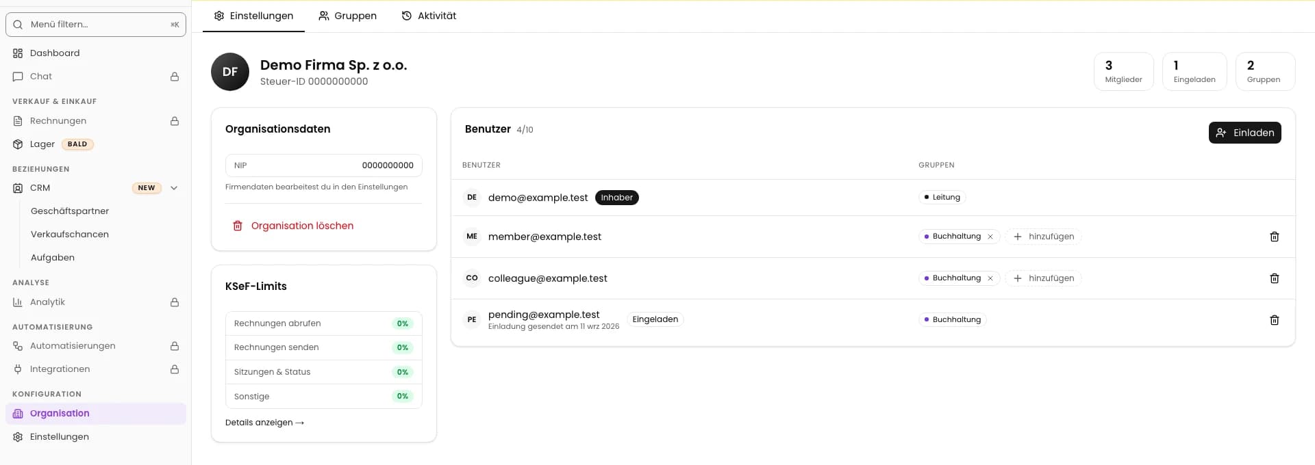 Organisation und Benutzerliste