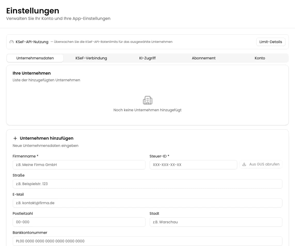 Unternehmensdaten in den KSeFGPT-Einstellungen mit leerer Liste Ihre Unternehmen und dem Formular Unternehmen hinzufügen
